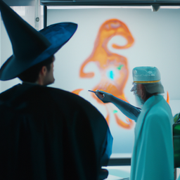 two wizards looking at a whiteboard in a modern laboratory