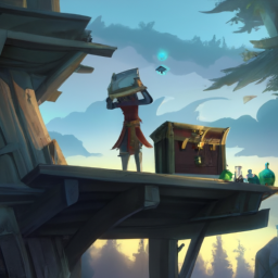 a wizard's apprentice opening a drawer at the top of a wizard's tower, forest landscape in the background, digital art