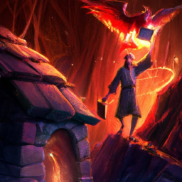 a wizard stealing a secret book from the lair of a phoenix, digital art