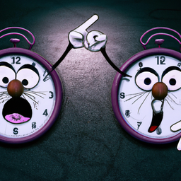 Two clock with frustrated faces pointing a finger at each other